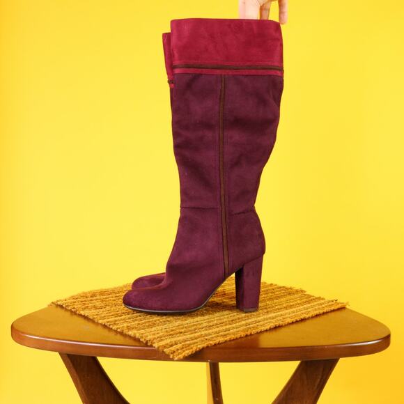 Rialto Faux Suede Purple Heeled Two Toned Color Block Boots, 6M - Picture 1 of 4